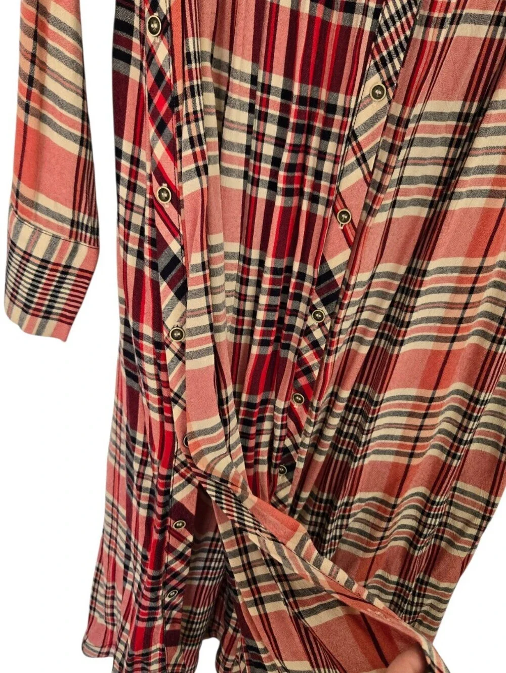 Free People Plaid Midi Shirt Dress | Boho Pink Plaid Button Front Dress | Size S