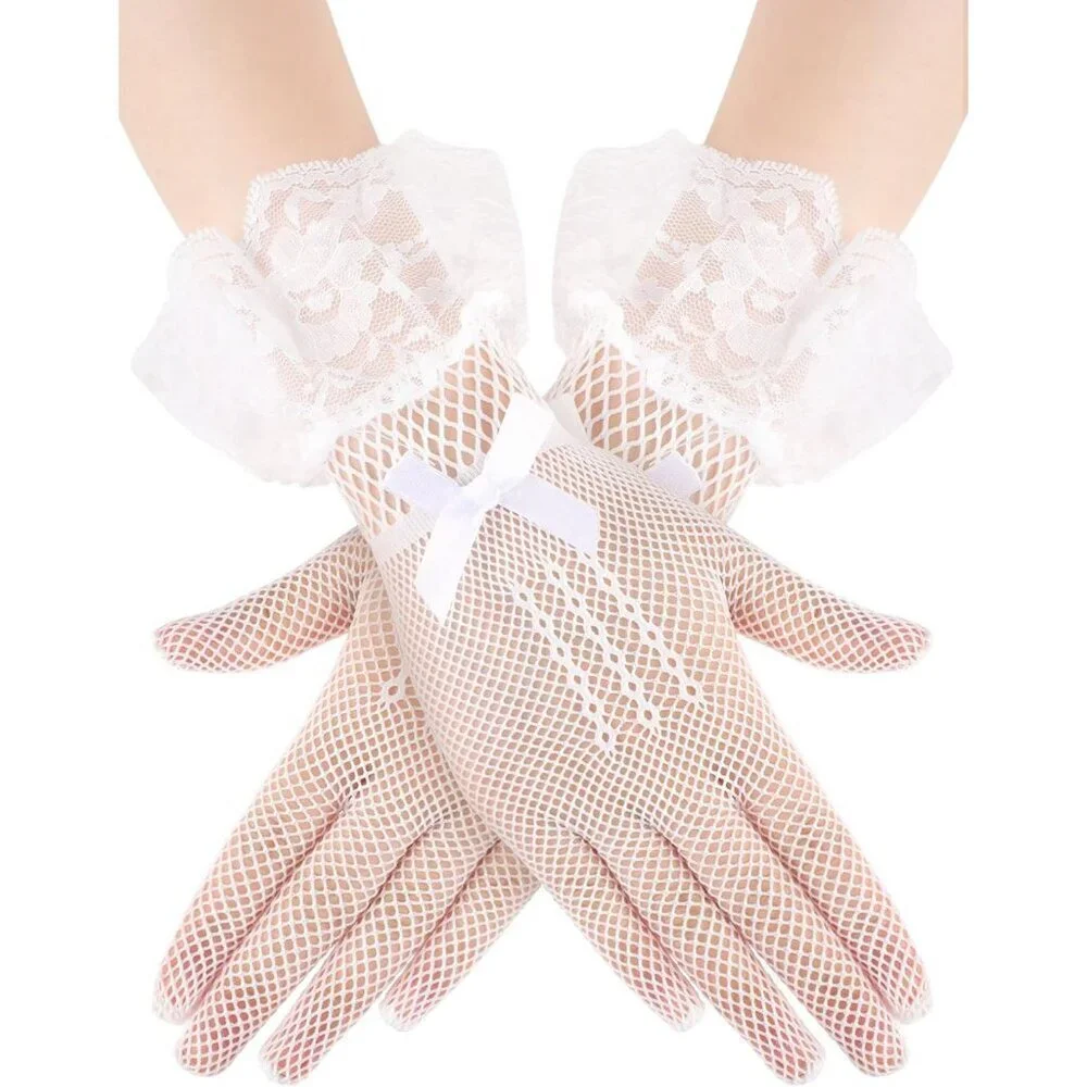 Women's Elegant Cream Short Bow Style Lace Gloves Dinner Wedding Party Prom