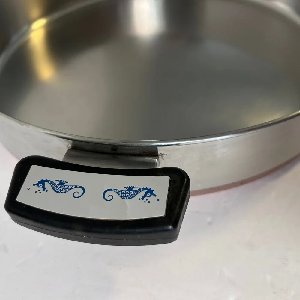 Vintage Revere Ware Copper Clad Skillet with High Dome Lid Blue Seahorse Handle