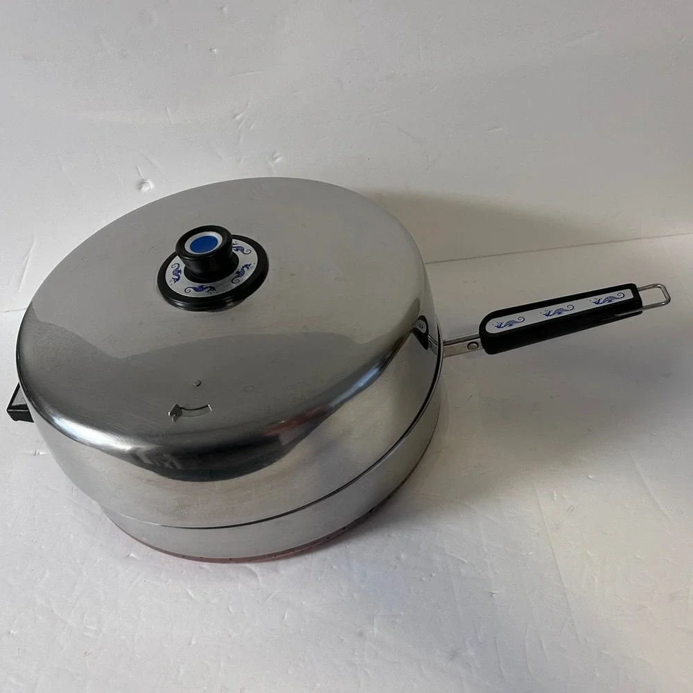 Vintage Revere Ware Copper Clad Skillet with High Dome Lid Blue Seahorse Handle
