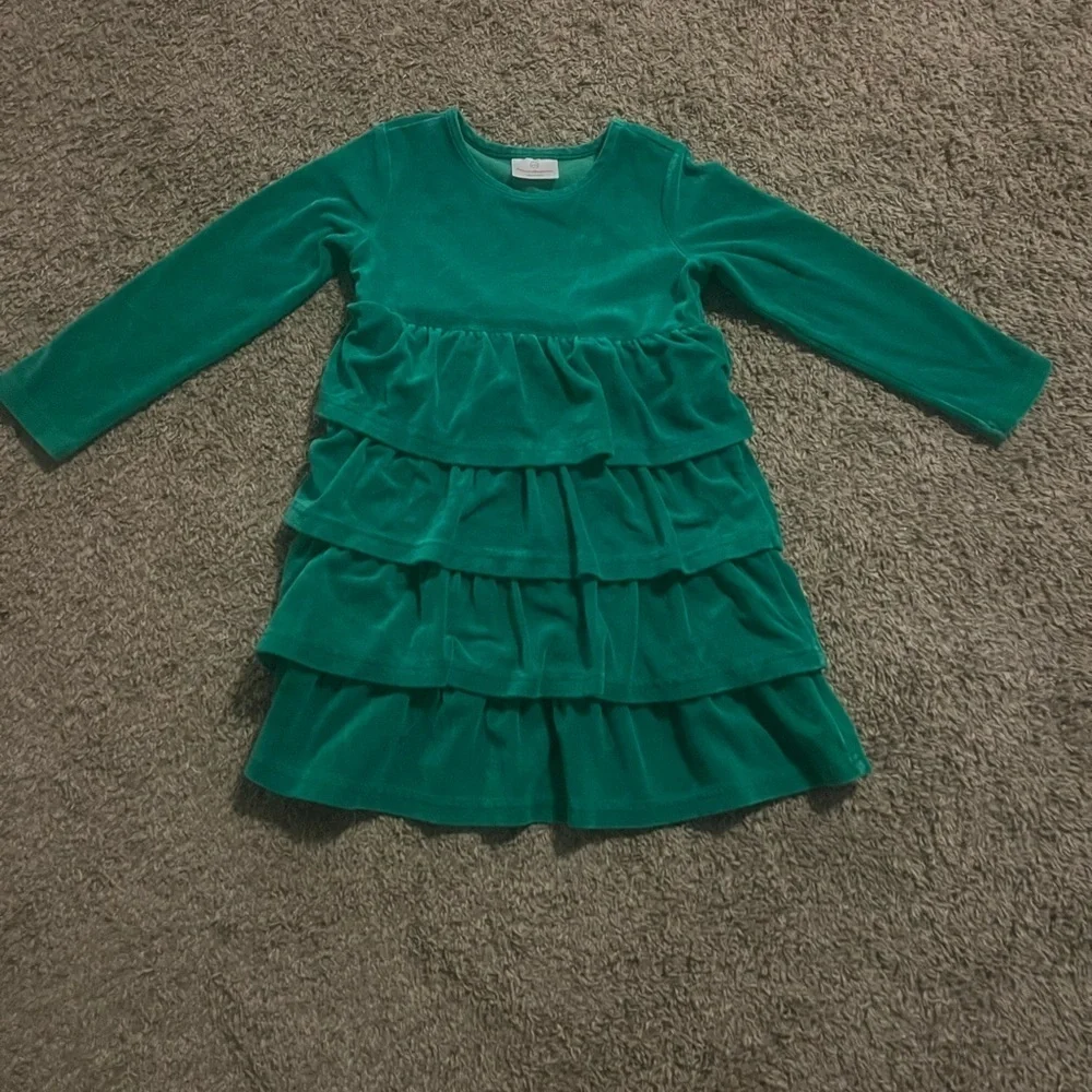 Hanna Andersson Velour Forestry Green Tiered Ruffle Dress Size 110
