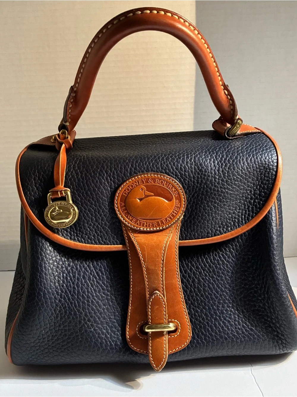 Vintage 80’s Dooney & Bourke Black Pebbled Leather Satchel with Brown Trim Navy