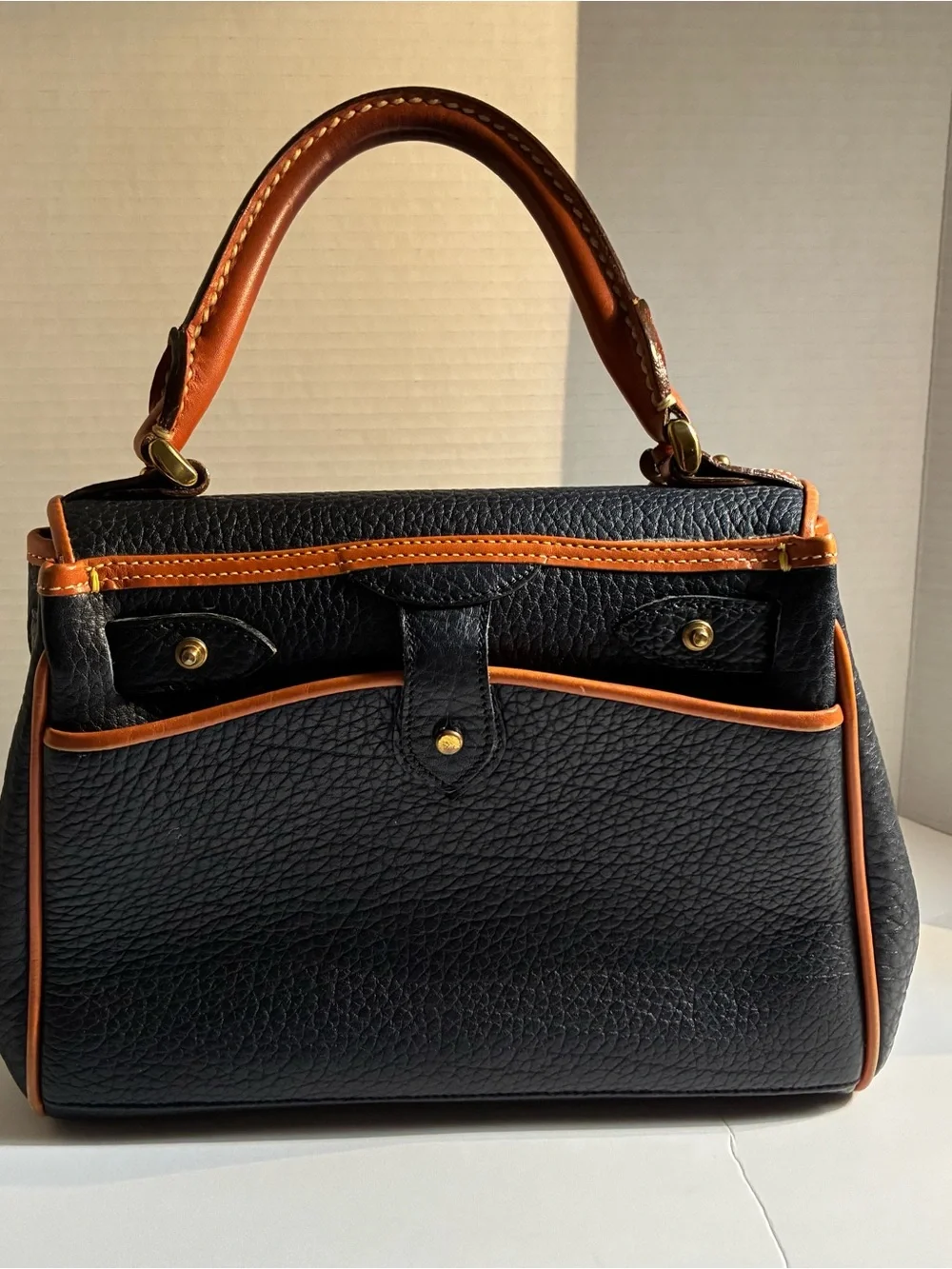 Vintage 80’s Dooney & Bourke Black Pebbled Leather Satchel with Brown Trim Navy