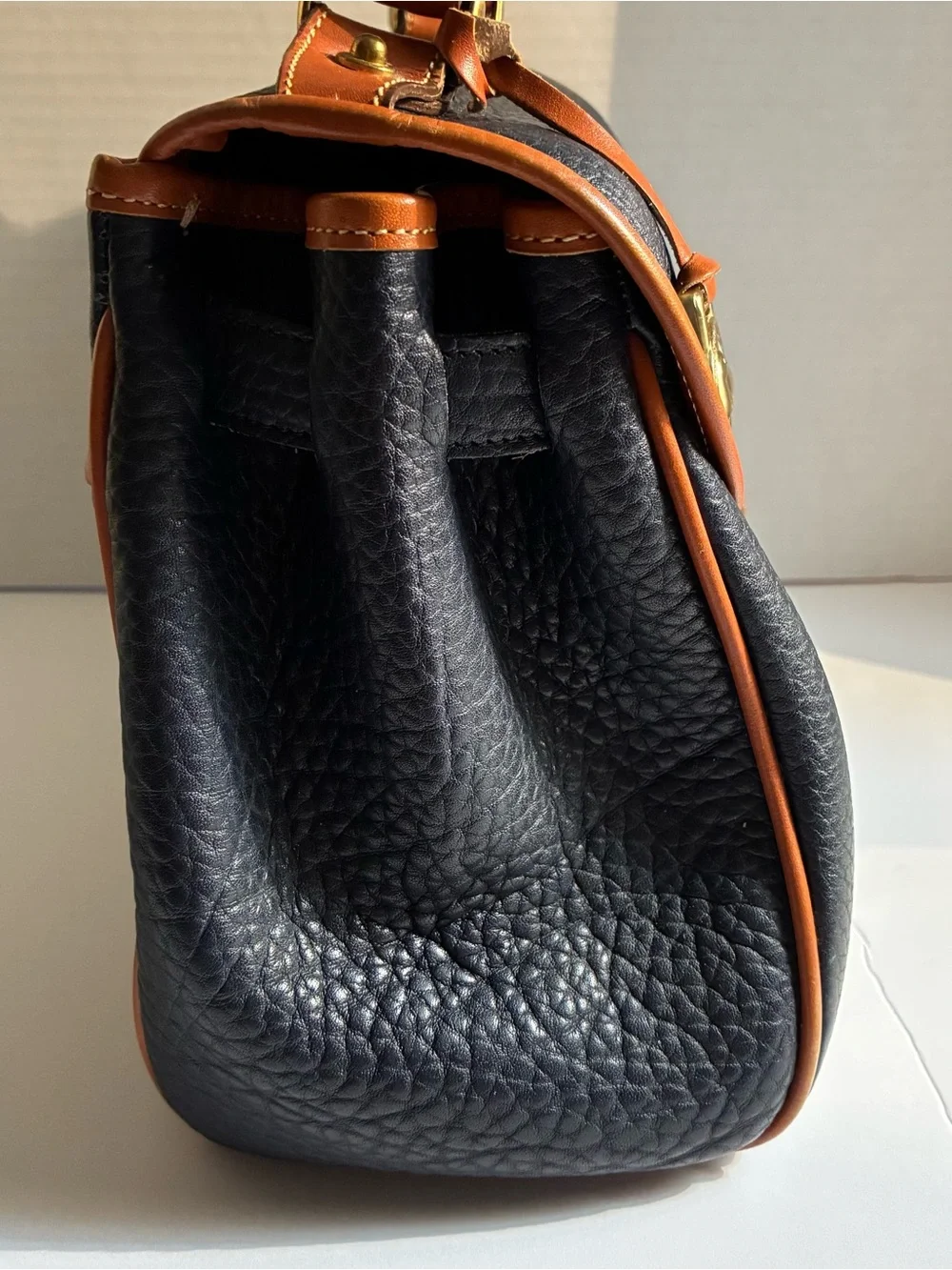 Vintage 80’s Dooney & Bourke Black Pebbled Leather Satchel with Brown Trim Navy