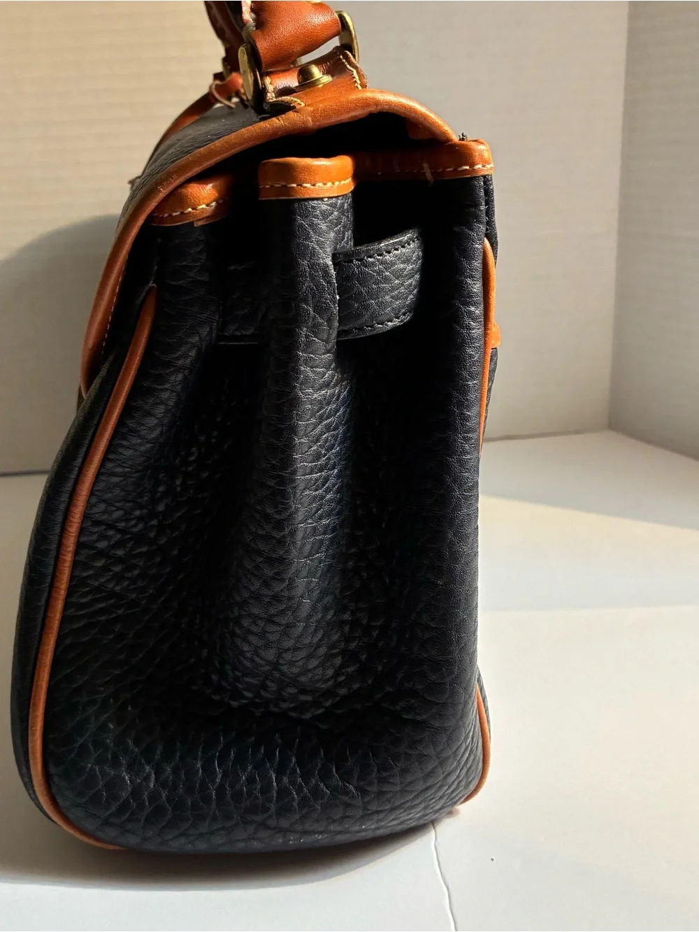 Vintage 80’s Dooney & Bourke Black Pebbled Leather Satchel with Brown Trim Navy