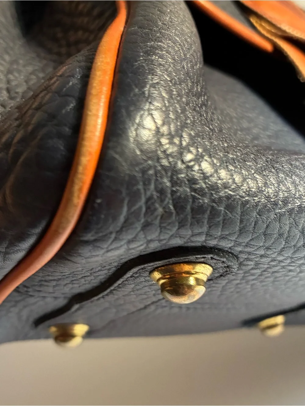 Vintage 80’s Dooney & Bourke Black Pebbled Leather Satchel with Brown Trim Navy