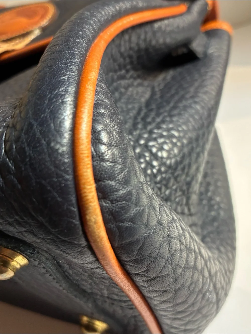 Vintage 80’s Dooney & Bourke Black Pebbled Leather Satchel with Brown Trim Navy