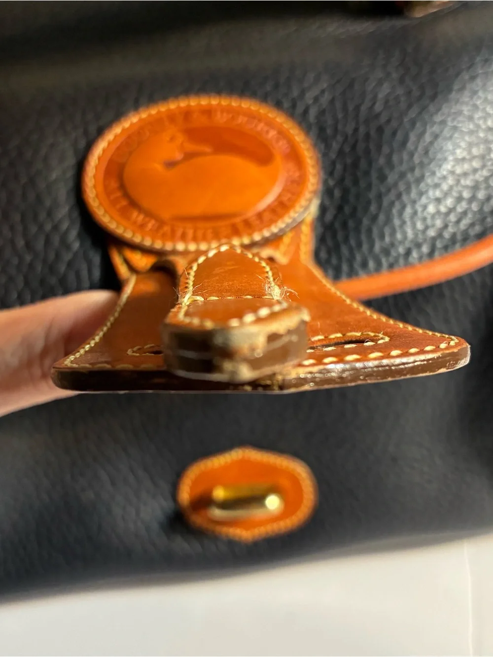 Vintage 80’s Dooney & Bourke Black Pebbled Leather Satchel with Brown Trim Navy