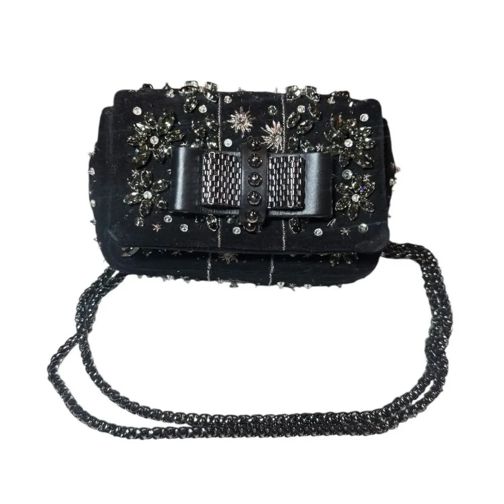 CHRISTIAN LOUBOUTIN Black Suede Sweet Charity Embellished Crossbody Evening Bag