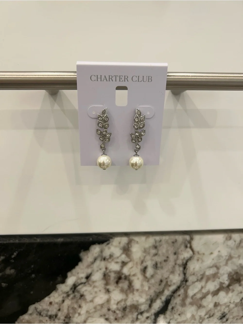 Charter Club Silver Leaf and Pearl Drop Earrings - Cream Pearls