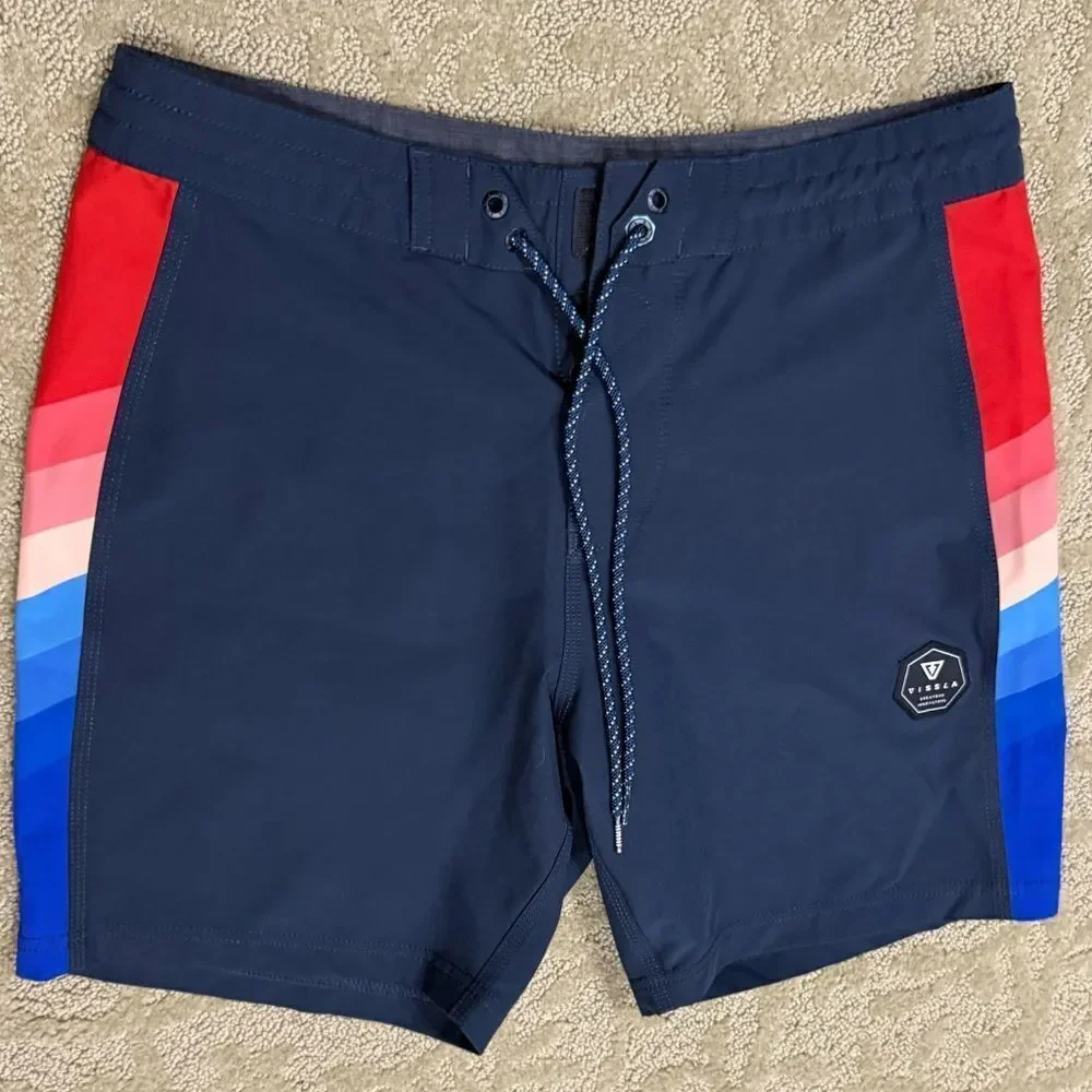 VISSLA Men’s 31 Dark Blue Board Shorts with Red and Blue Rainbow Stripes