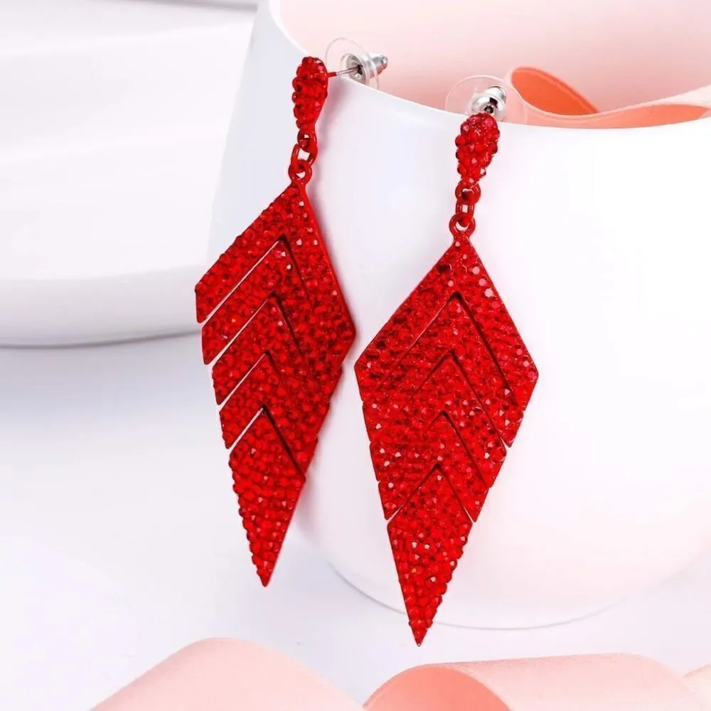 Red with Ruby Red Crystal Rhombus Banquet Chandelier Dangling Post Back Earrings