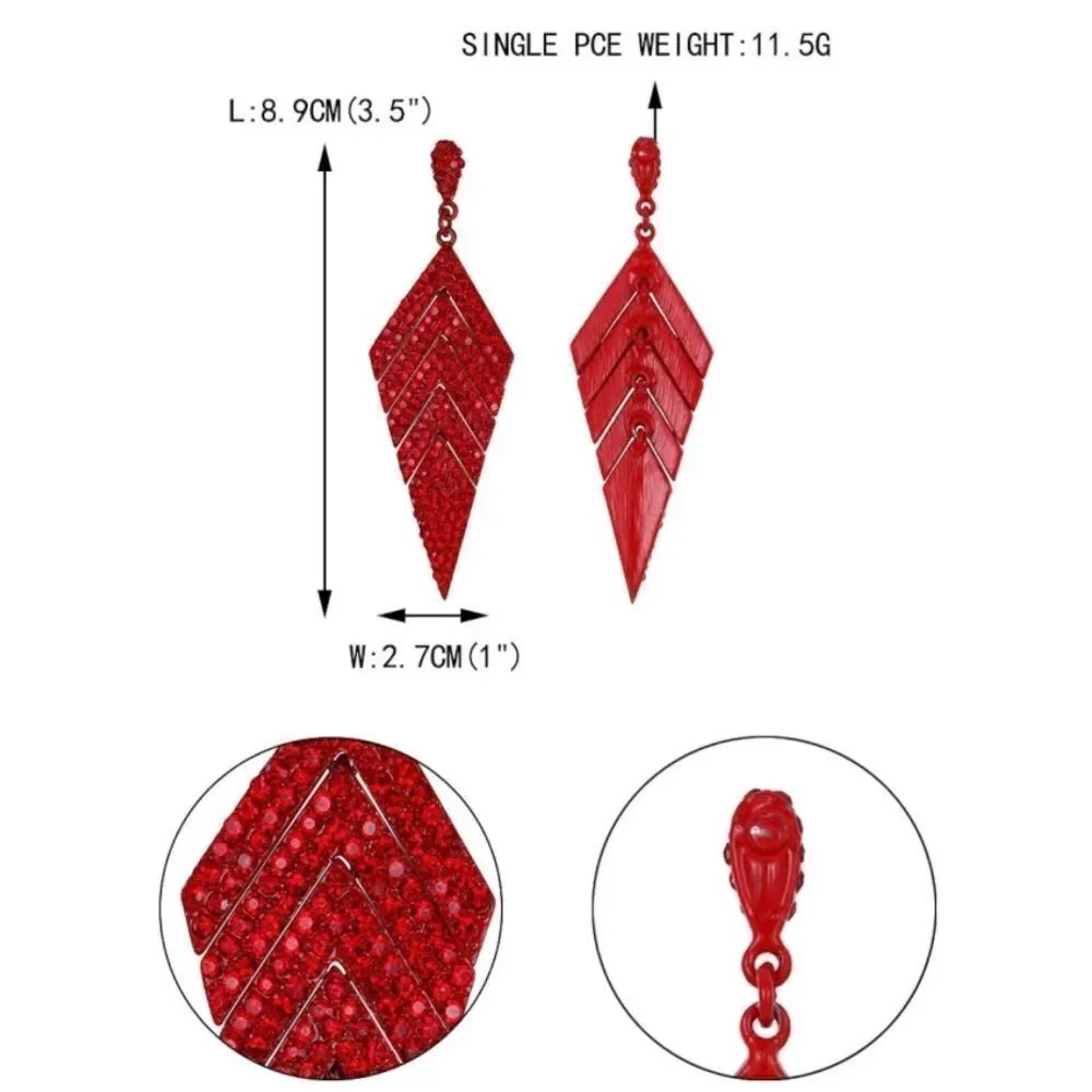 Red with Ruby Red Crystal Rhombus Banquet Chandelier Dangling Post Back Earrings