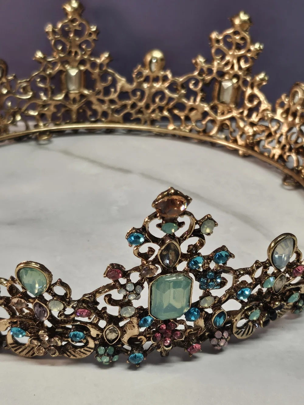 Gold-Tone Crystal Flower Tiara Crown — Pink & Aqua Accents