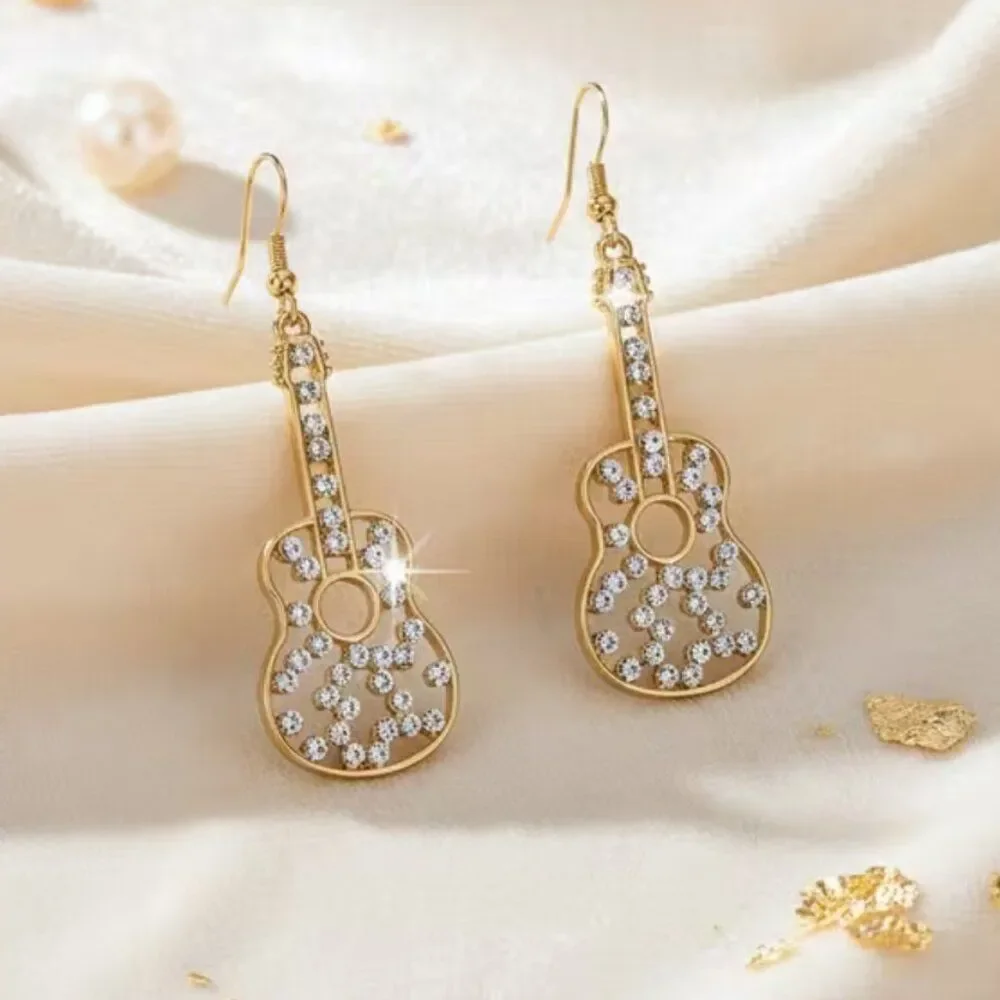 Music City Glam Guitar Earrings Golden Rhinestone Dangle Concert Festival Style