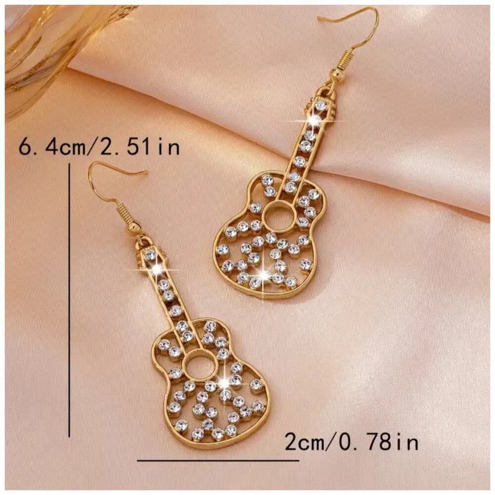 Music City Glam Guitar Earrings Golden Rhinestone Dangle Concert Festival Style