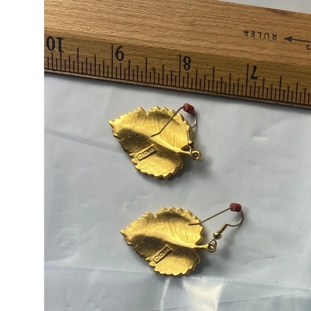 Gold Leaf Dangle‎ Earrings Red Accent Boho Vintage
