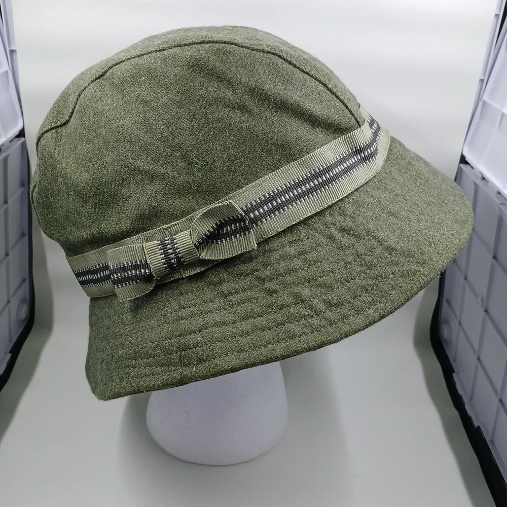 Liz Claiborne Hat Bucket Cloche Olive Green Wool Blend‎ Ribbon Band Bow Womens