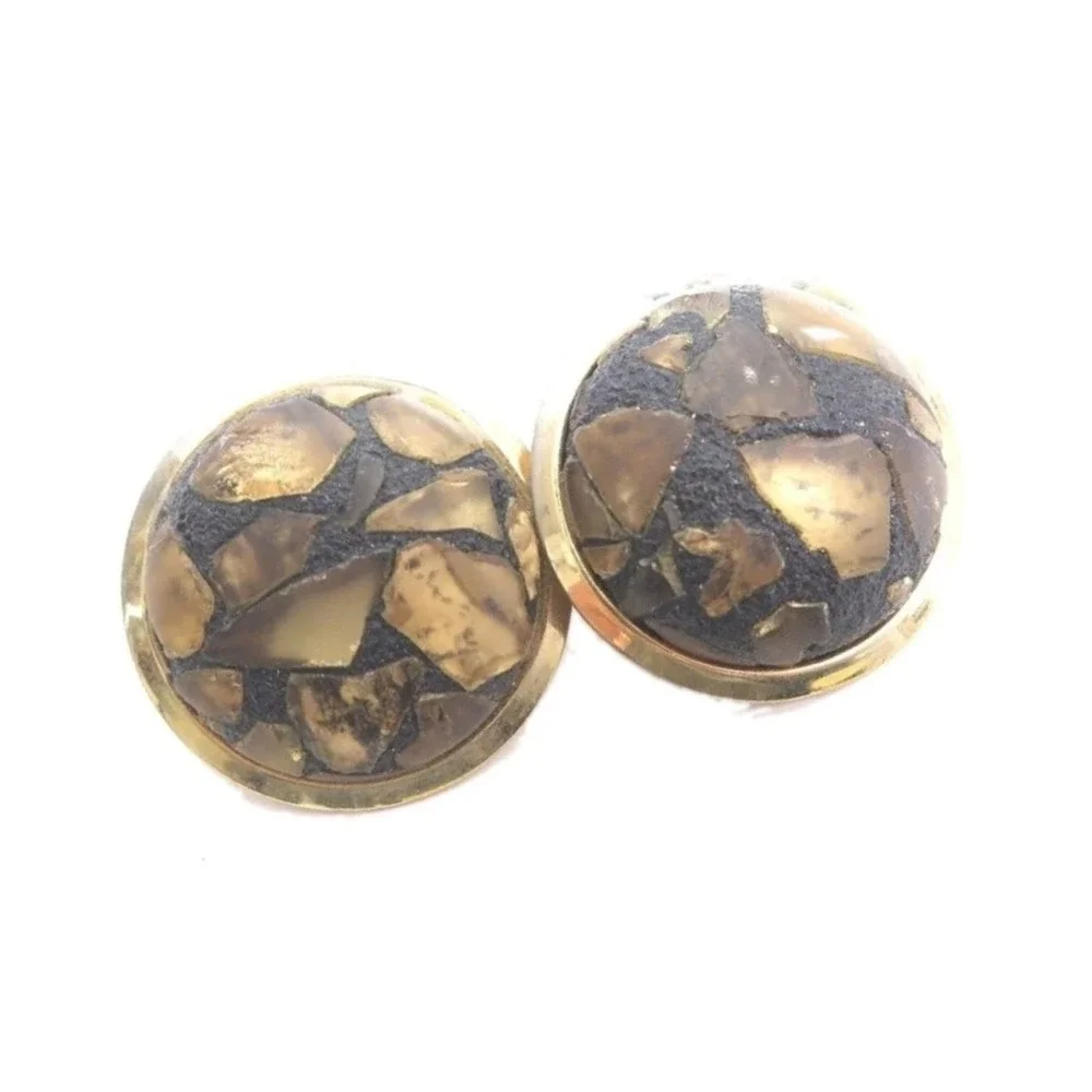 Vintage Large Yellow Gold‎ colored Flecks Black Dome Gold Toned Clip-on Earrings