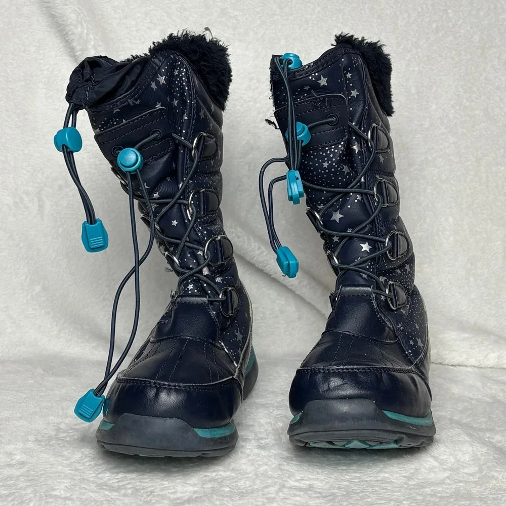 Lands'‎ End Kids Navy Blue Star Print Winter Snow Boots Fur Trim Warm Waterproof