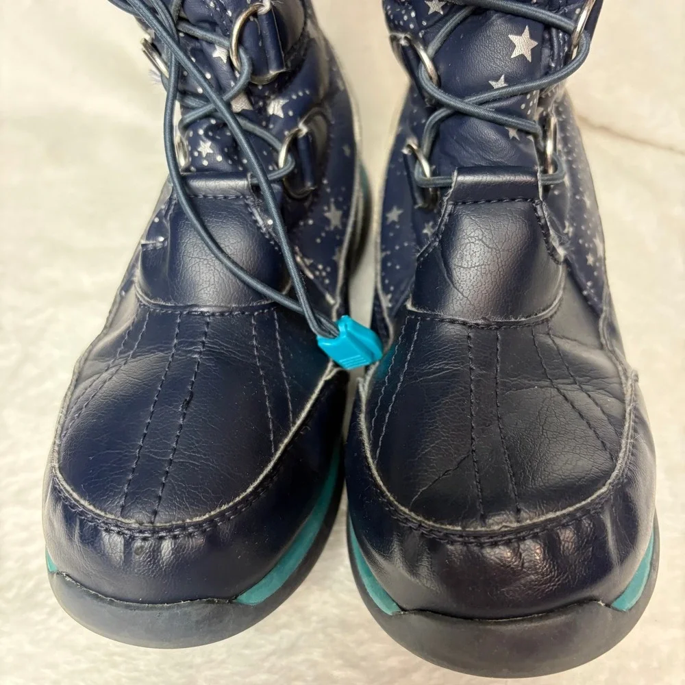Lands'‎ End Kids Navy Blue Star Print Winter Snow Boots Fur Trim Warm Waterproof
