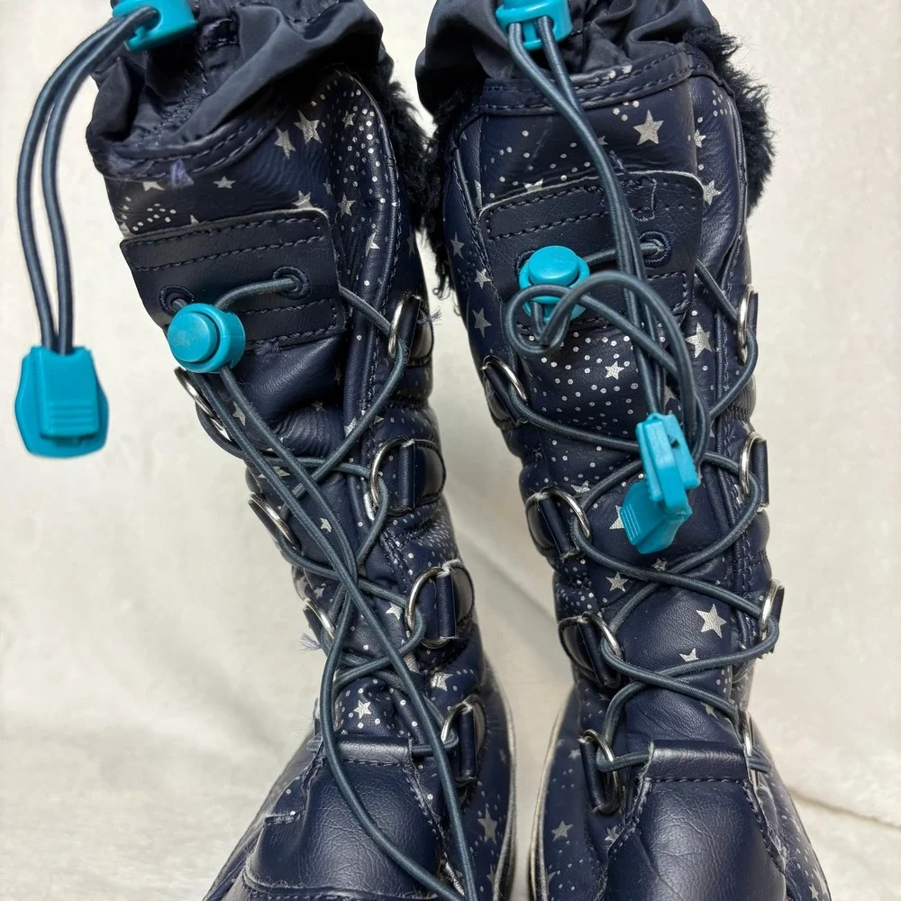 Lands'‎ End Kids Navy Blue Star Print Winter Snow Boots Fur Trim Warm Waterproof