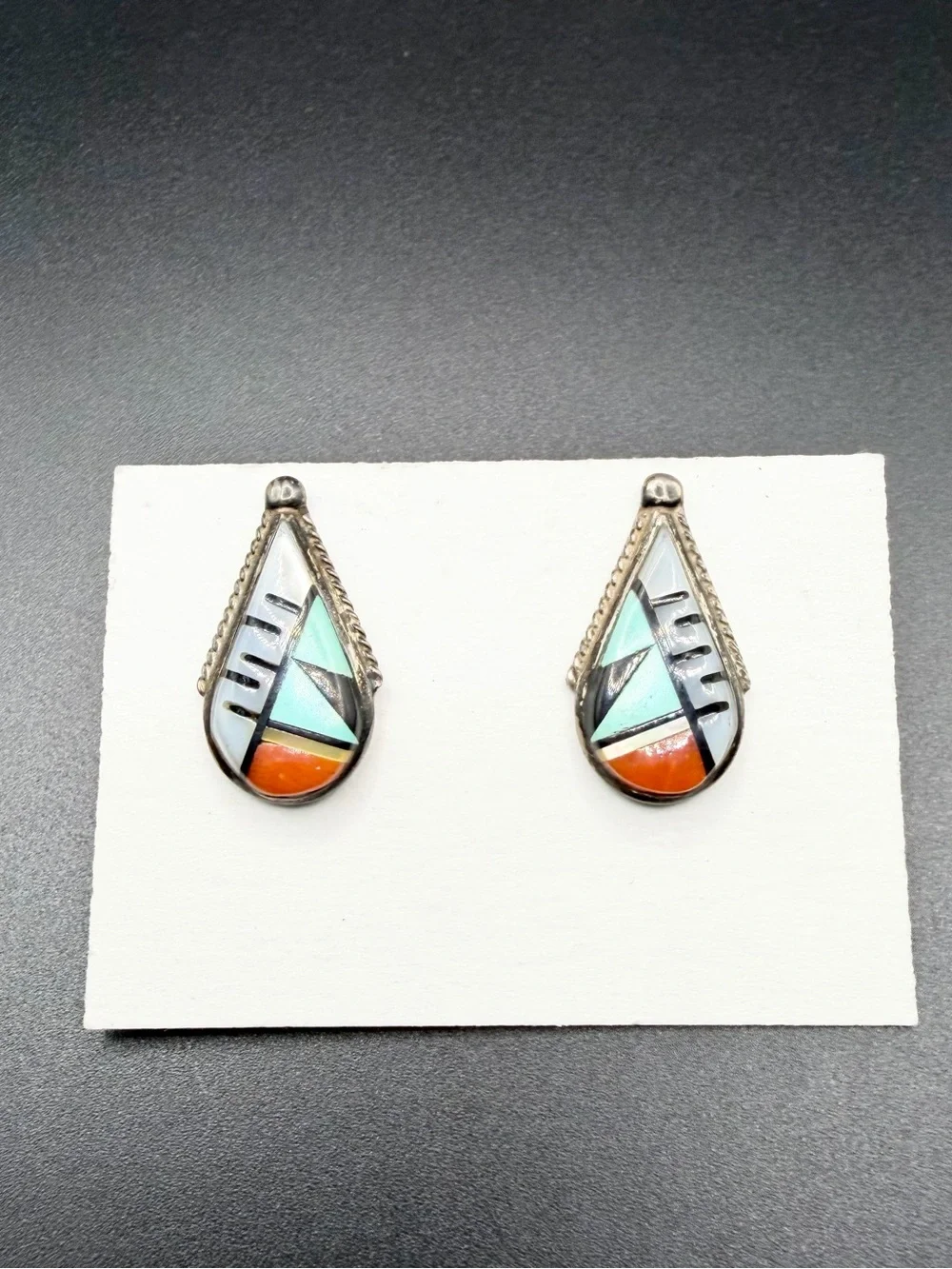 Vintage Sterling Silver 925 Zuni Southwestern Native Navajo Inlay Stud Earrings