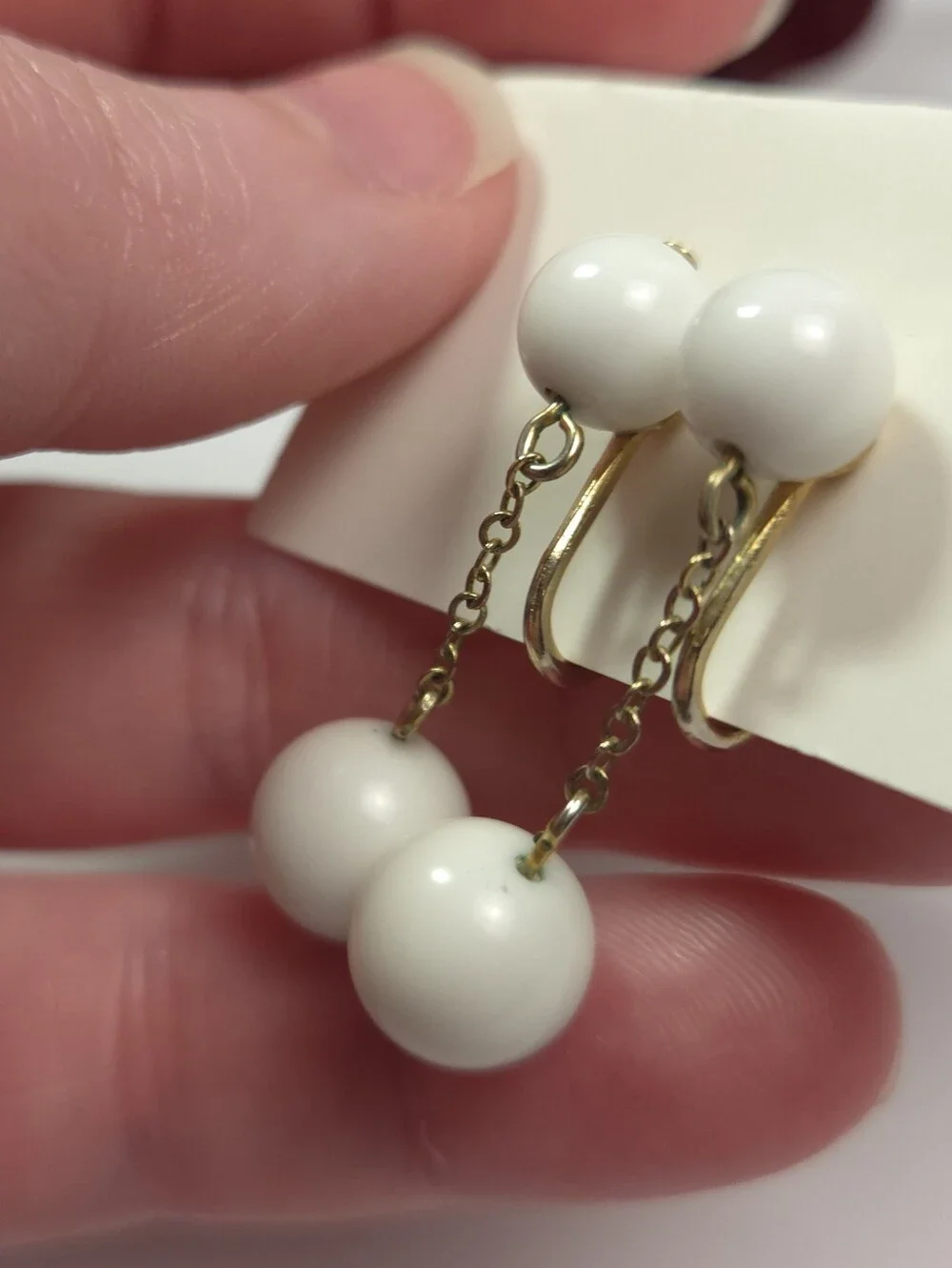 Vintage White Acrylic Bead & Chain Dangle Earrings Clip on Earrings
