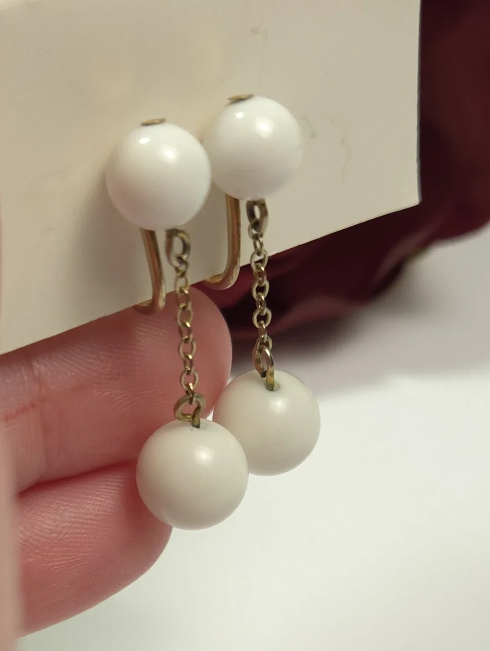 Vintage White Acrylic Bead & Chain Dangle Earrings Clip on Earrings
