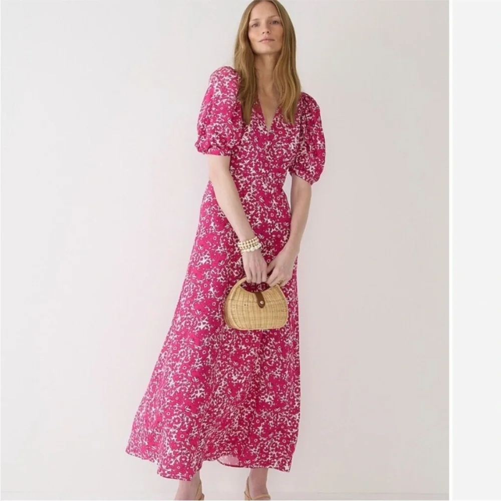 J. Crew Collection Midi Dress Drapey Floral Pink Puff‎ Sleeve V Neck Size 16