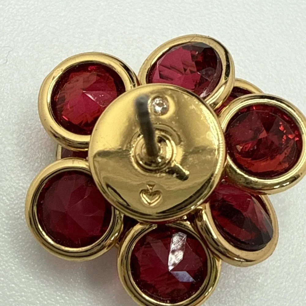 Kate Spade Jeweled Rosette Stud Post Earrings Red Gold Toned