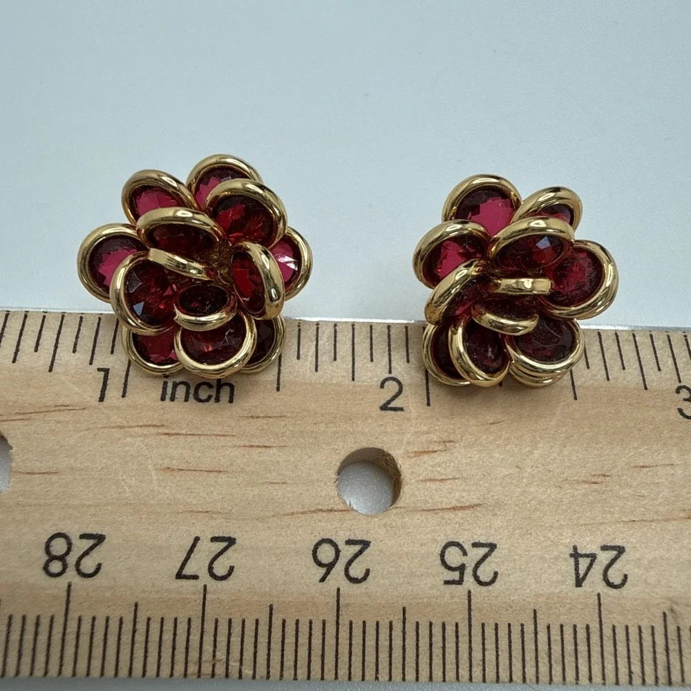 Kate Spade Jeweled Rosette Stud Post Earrings Red Gold Toned