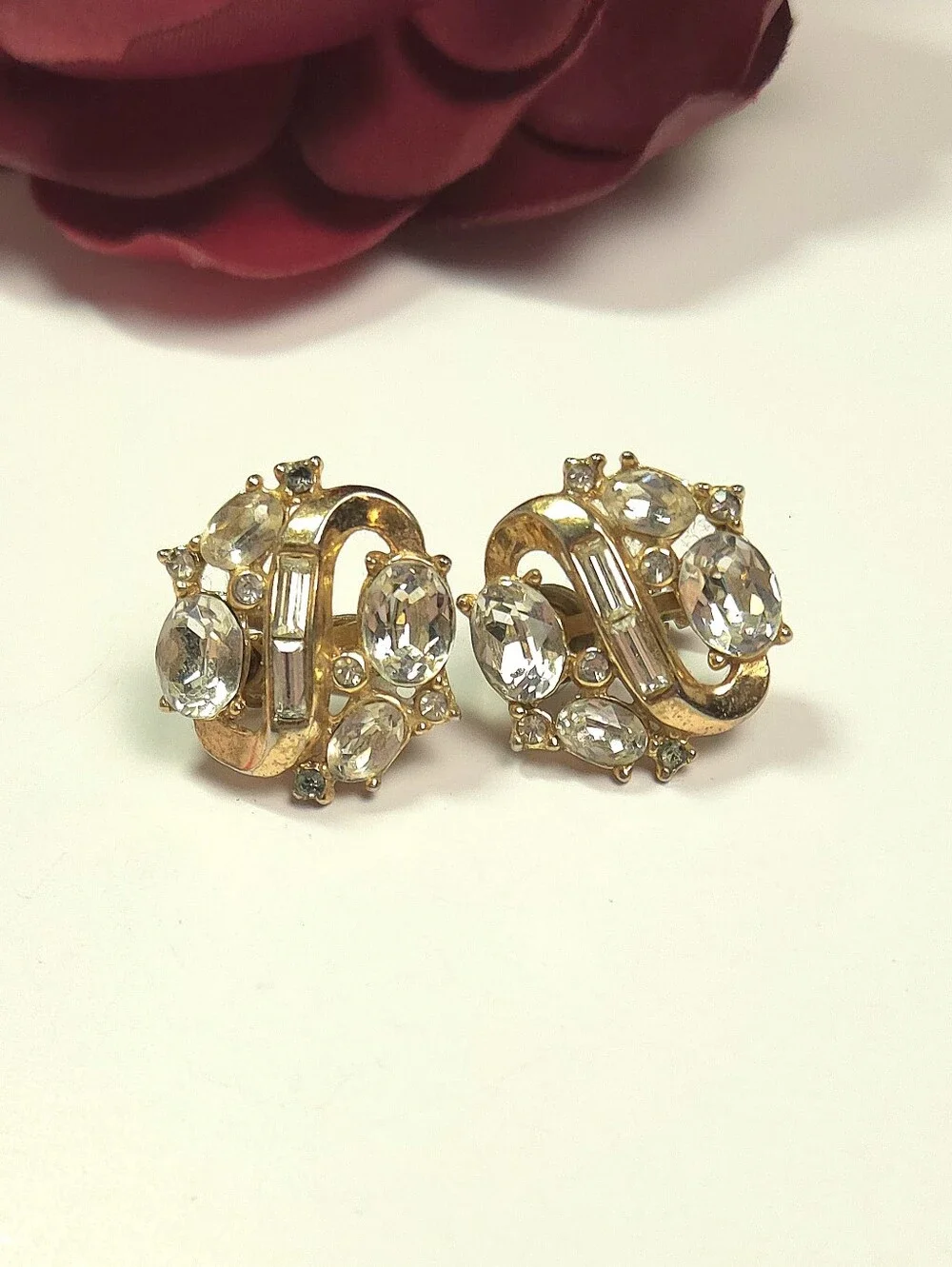 Vintage Trifari Gold Tone Swirl Crystal Earrings Clip on Statement Earrings