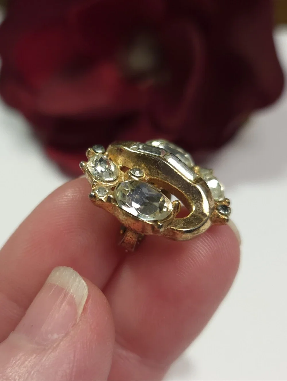 Vintage Trifari Gold Tone Swirl Crystal Earrings Clip on Statement Earrings