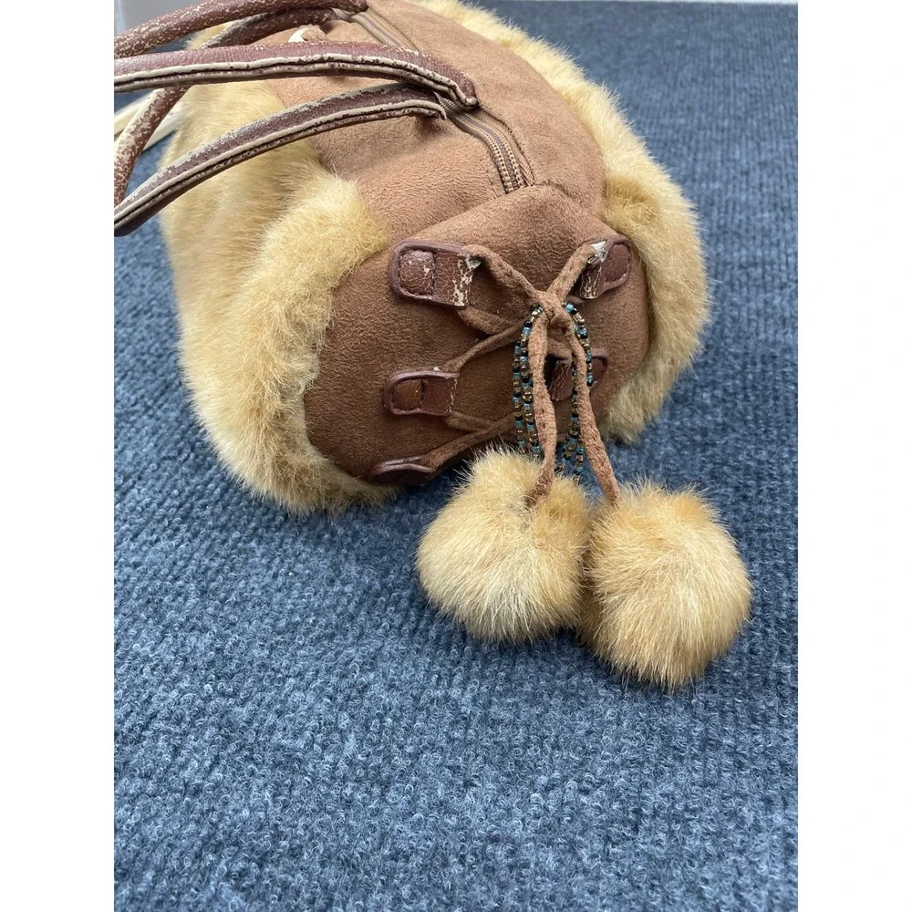 Vintage Tan Suede Faux Fur Barrel Bag Pom Pom Beaded Fringe Horn Toggle Boho