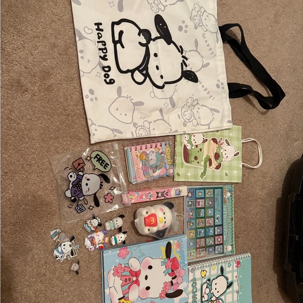 Cute Happy Dog Tote‎ & Kawaii Stationery Set - White & Pastel