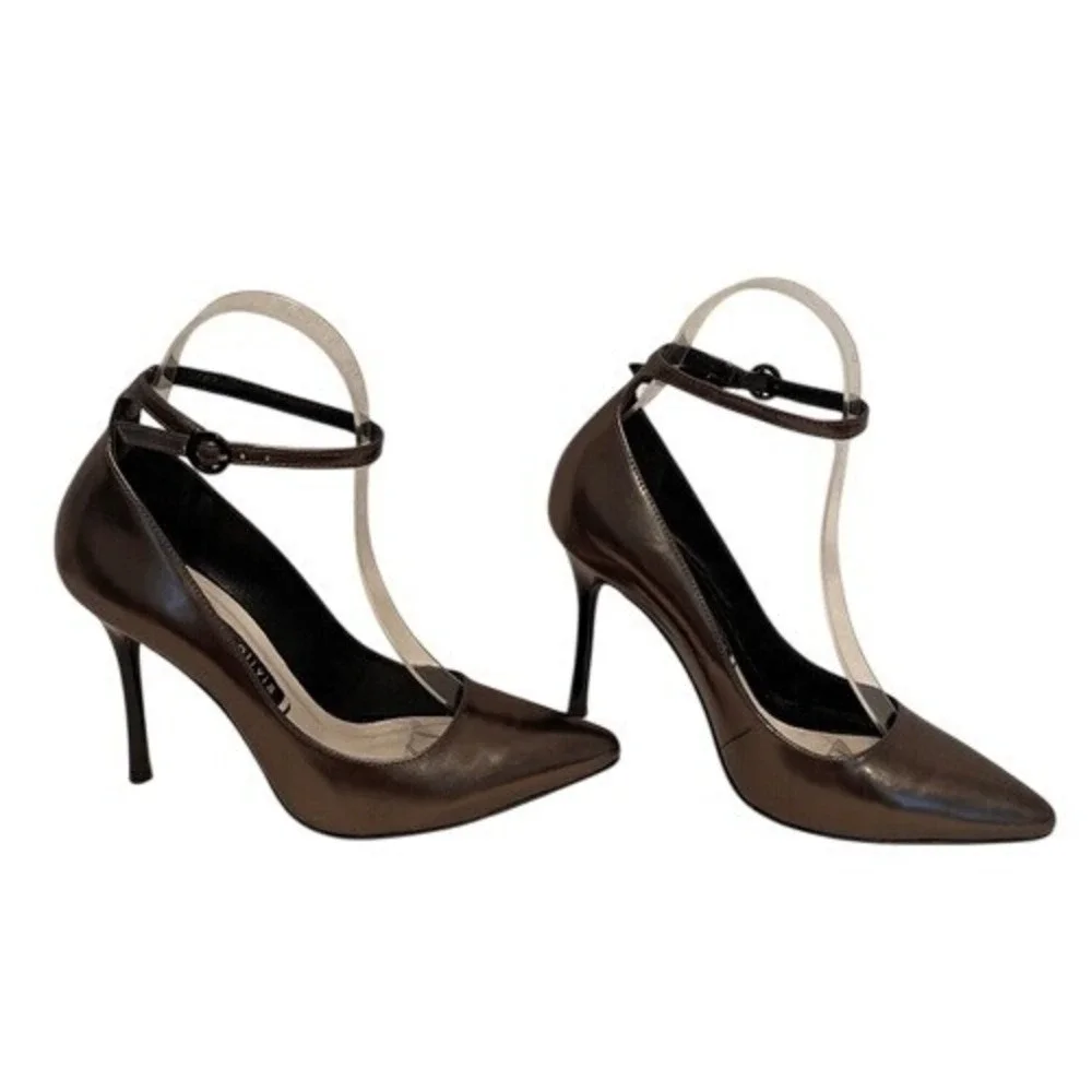 Alice + Olivia‎ Pewter Metallic Leather Stiletto Heels Ankle Strap Pumps US 6