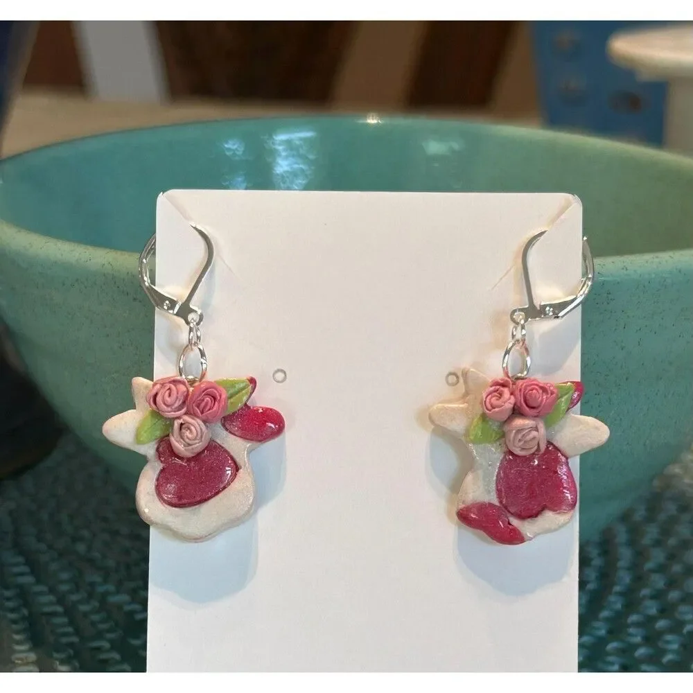 Pink Heart Cows‎ with Roses Polymer Clay Handmade Earrings