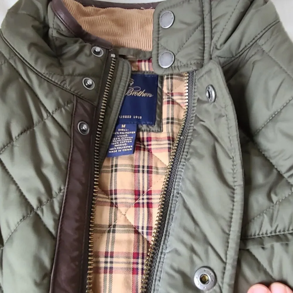 Brooks Brothers Quilted Vest Men's Medium Olive Green Snap Zip Plaid Lined