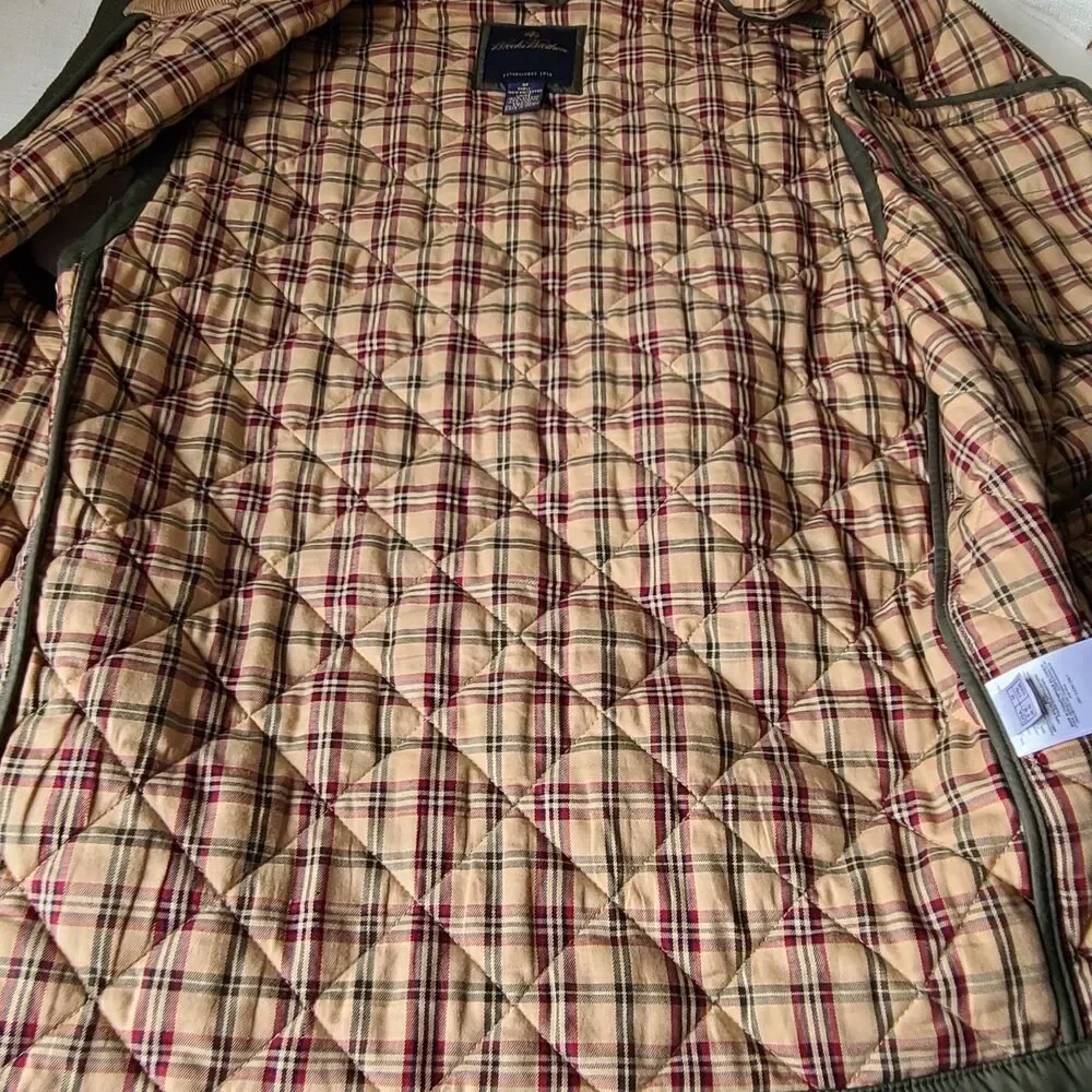 Brooks Brothers Quilted Vest Men's Medium Olive Green Snap Zip Plaid Lined