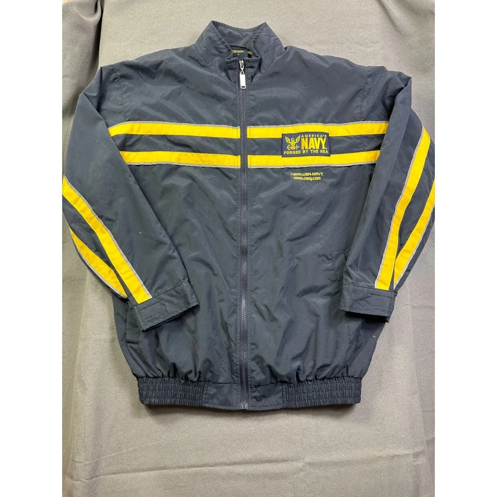 US Navy‎ Windbreaker Jacket Men's S Small Blue Yellow Forged by the Sea Full Zip