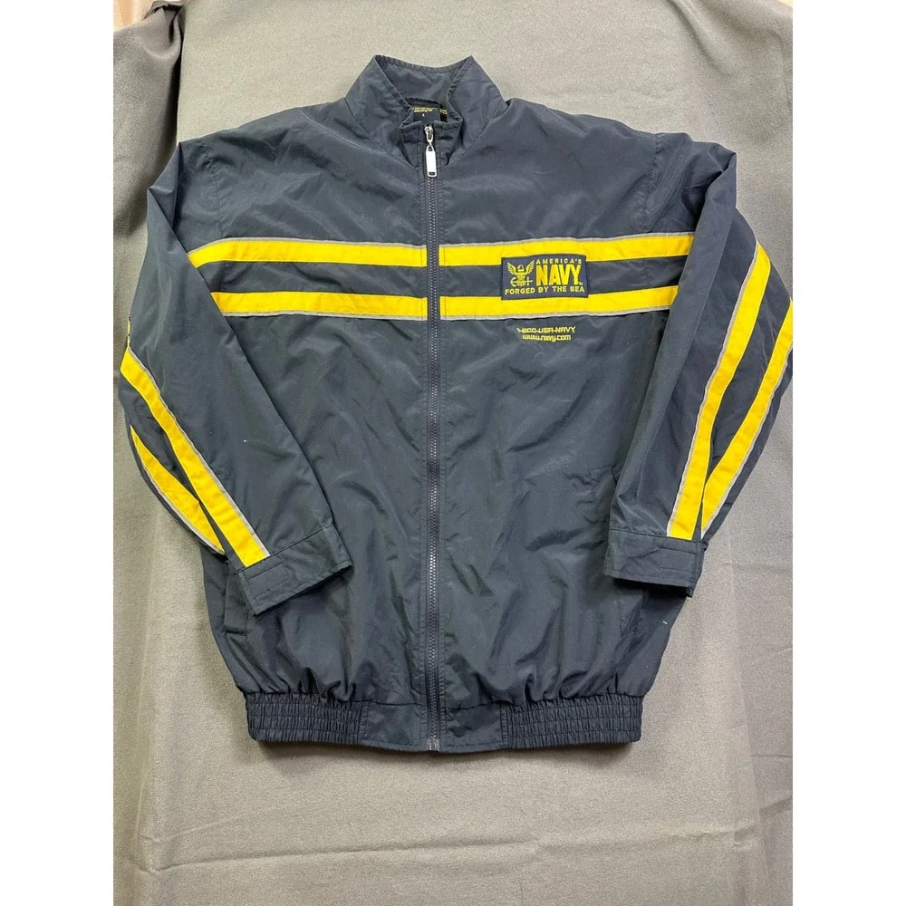 US Navy‎ Windbreaker Jacket Men's S Small Blue Yellow Forged by the Sea Full Zip