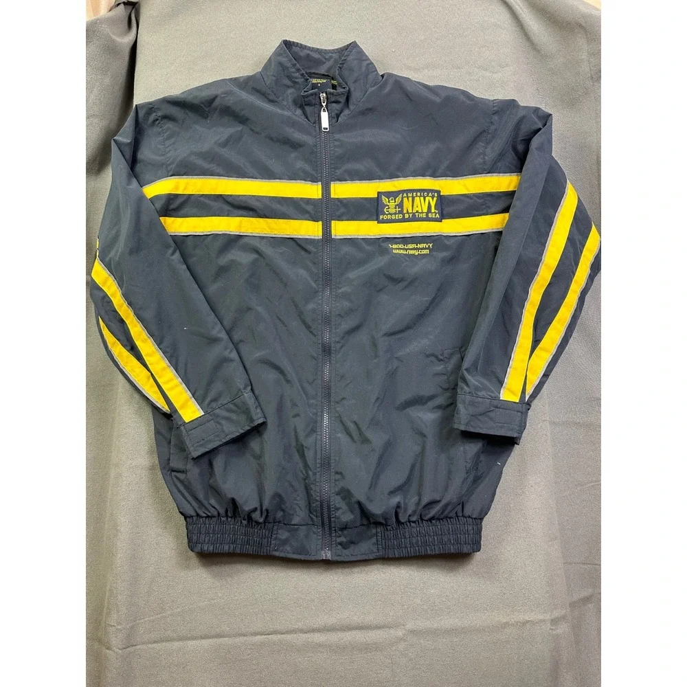 US Navy‎ Windbreaker Jacket Men's S Small Blue Yellow Forged by the Sea Full Zip