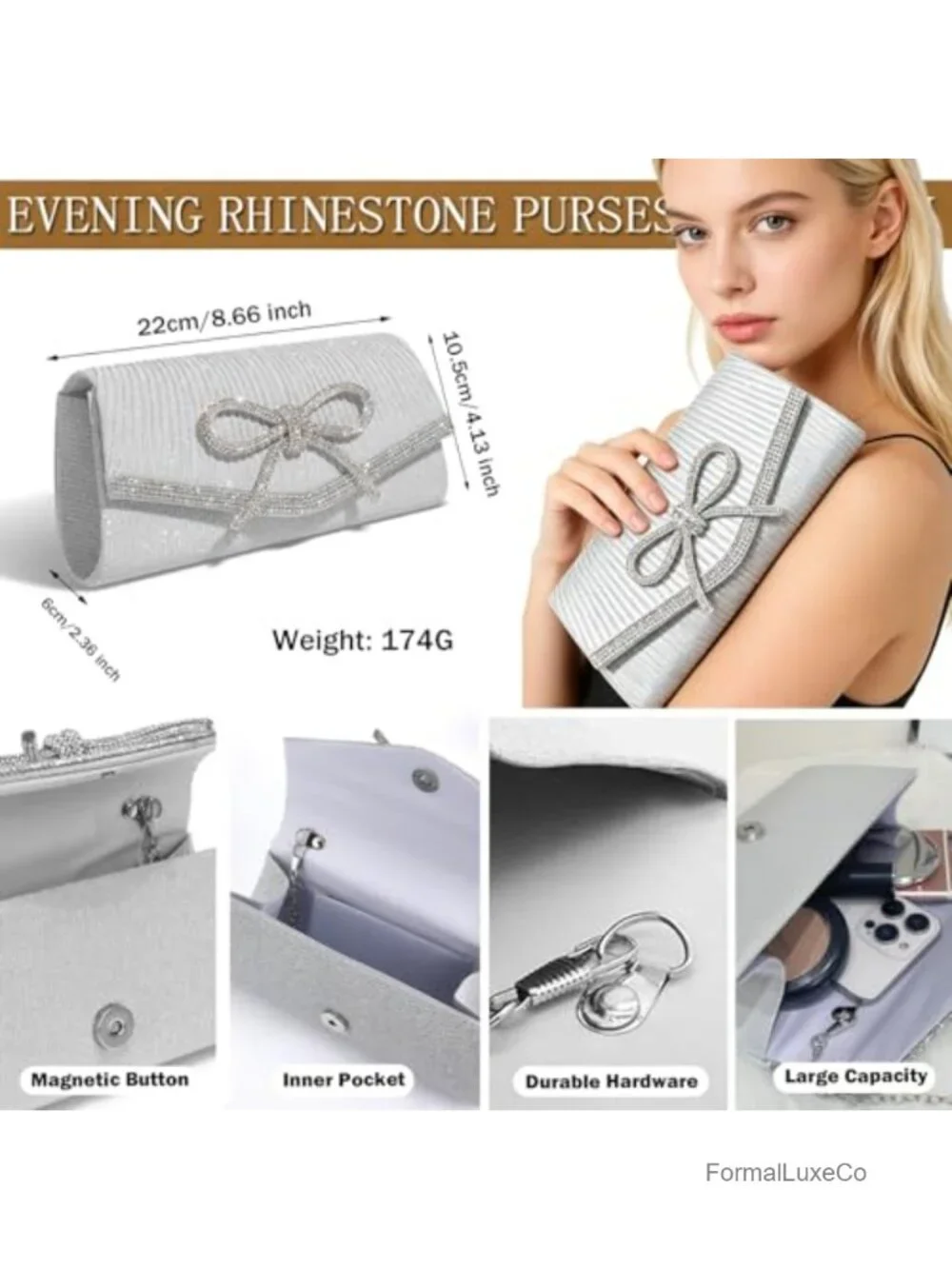 Glitter Bow Clutch Evening Bag with Rhinestone Accents Detachable Chain Strap