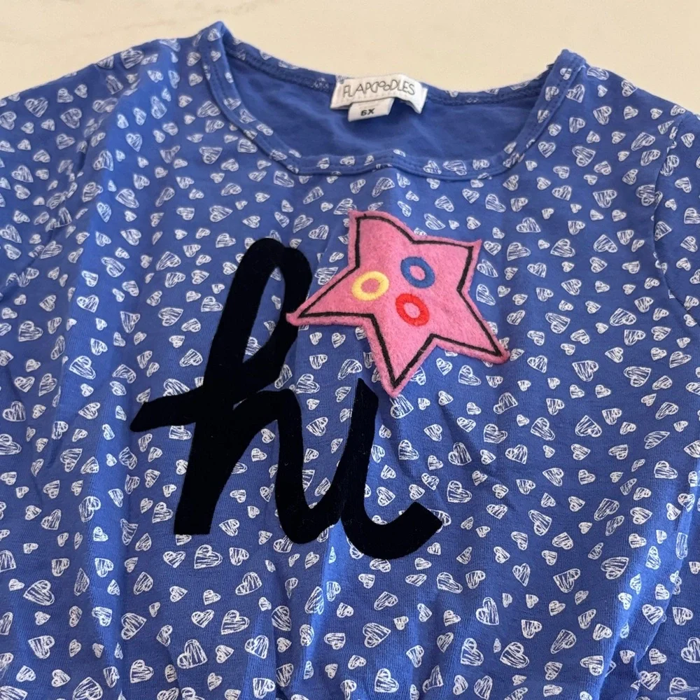 Flapdoodles Blue Dress with Pink Star and 'Hi' Design