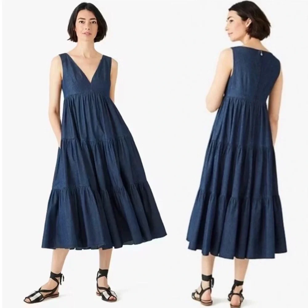 Kate Spade‎ Chambray Vineyard Midi Dress Denim Jean Tiered V-Neck Boho Classic