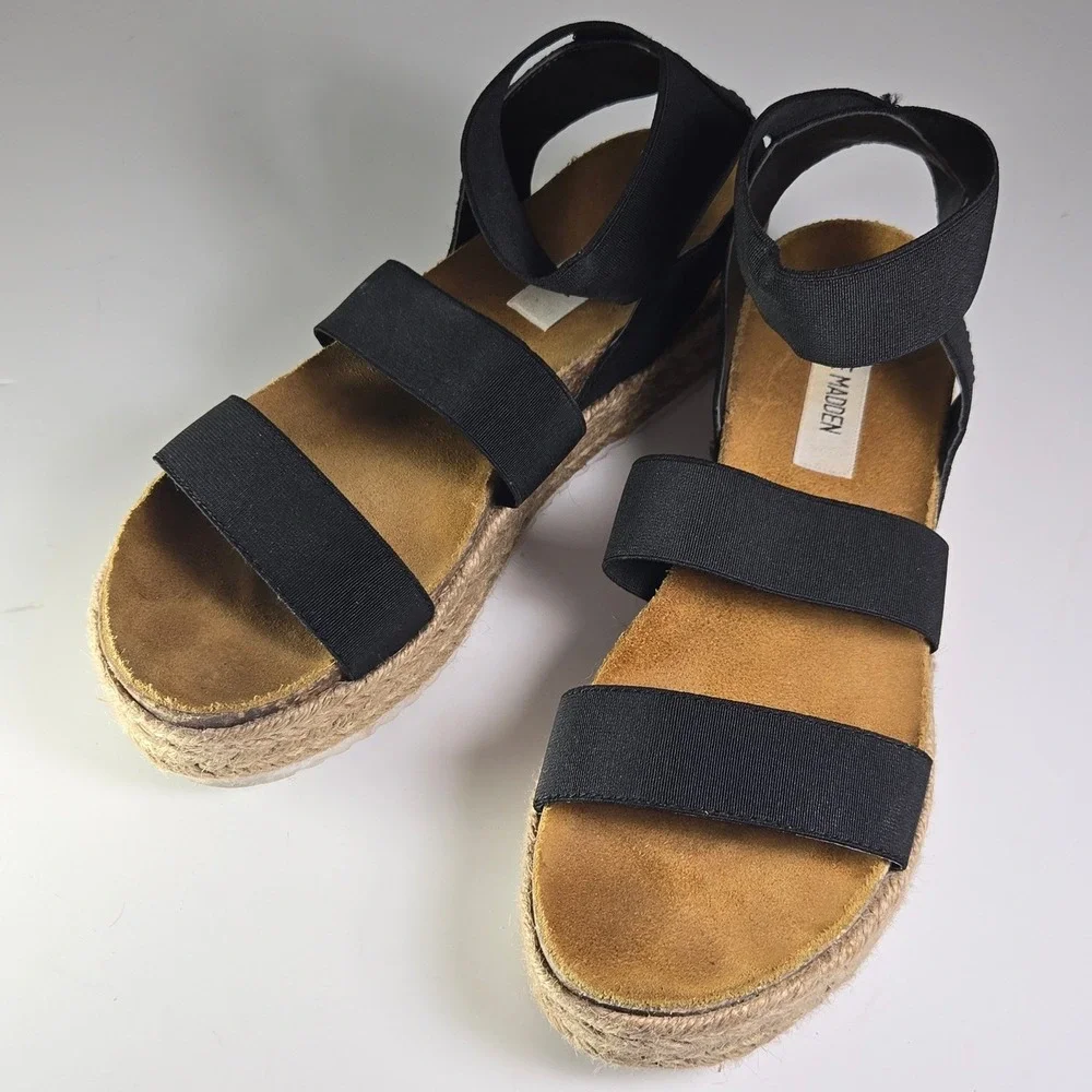 Steve Madden Black Elastic Strap Platform Espadrille Sandals Women Size‎ 8