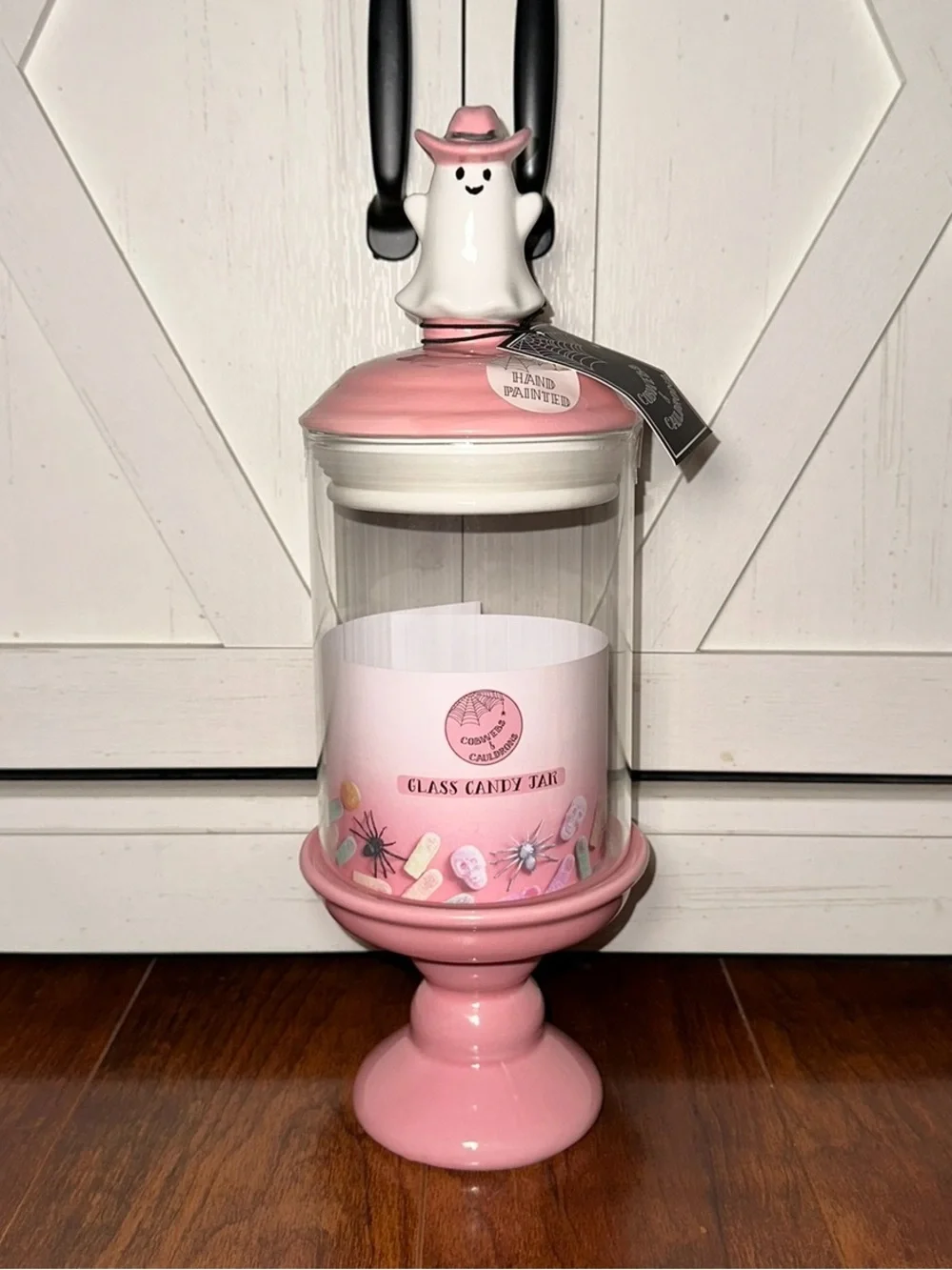 Cobwebs & Cauldrons Pink Ghost with Cowboy Hat Glass Candy Jar Cansiter
