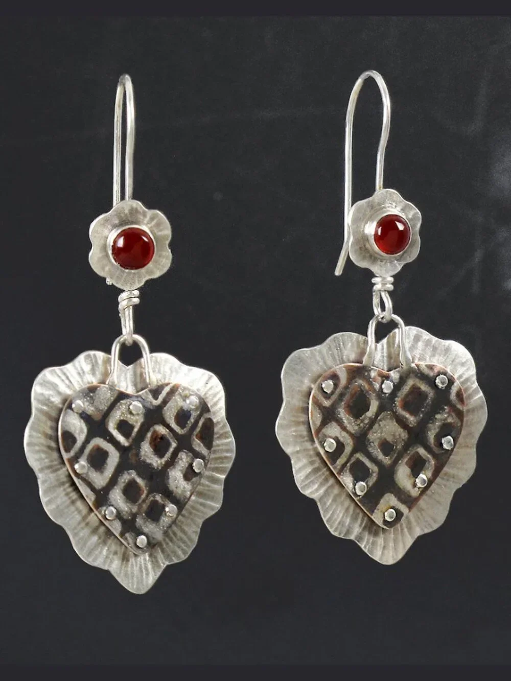Copper & Sterling Silver Heart Earrings with Carnelian, Artisan Made