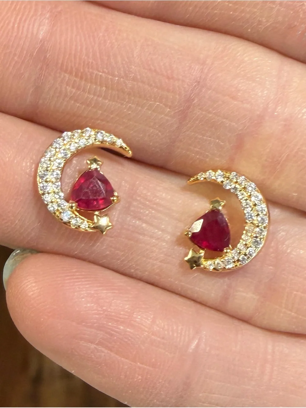 Mystical Waning Crescent Moon Natural .50CT Ruby Stud Earring 18K Yellow Gold